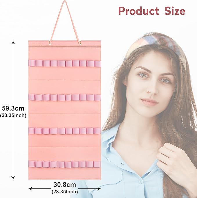 Hanging Headband Holder for Girls, Felt Headband Organizer with 40 Slots (Pink)