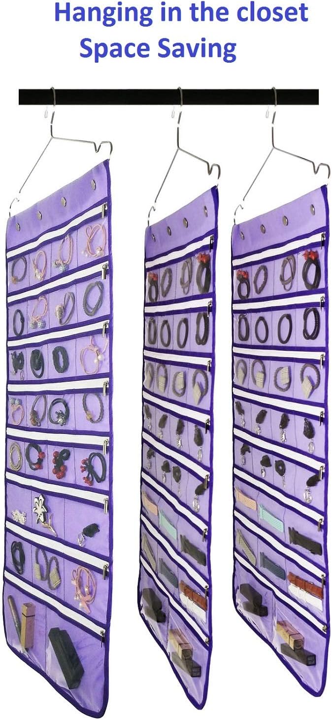Dual Sided Hanging Jewelry Organizer with Hanger for Closet Necklace Earrings Bracelet Ring Travel Holder (56 Zippered Clear Pockets Purple)