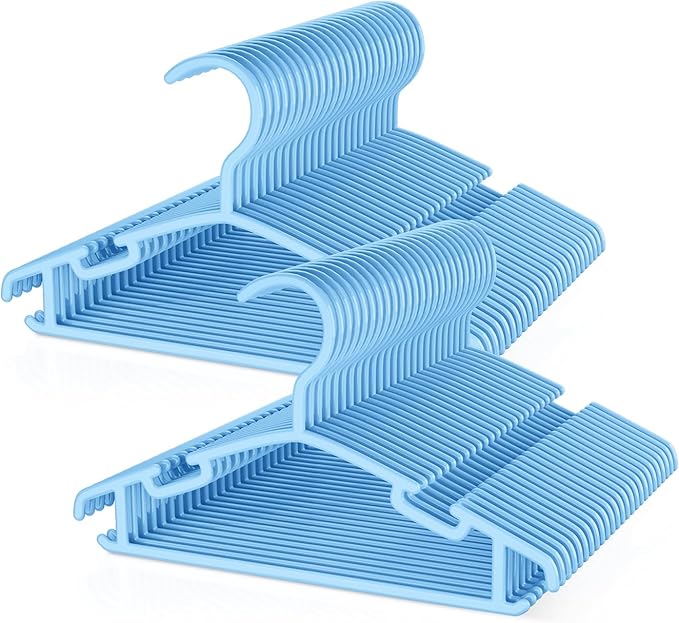 Kids Plastic Hangers, Baby Clothes Hangers for Closet 50 Packs Non-Slip Toddler Hanger for Infant Child Clothing, Small Children Hangers for Pants Coats Skirts (Blue)