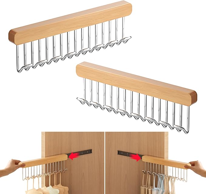 2 Pack Pull Out Closet Hanger with 8 Hooks,Valet Rod for Closet Pull Out,Sliding Side Mount Clothes Rack for Ties,Belts, Scarves,Space Saving Organizer,Pants Hooks for Jeans (1right 1left-Pull)