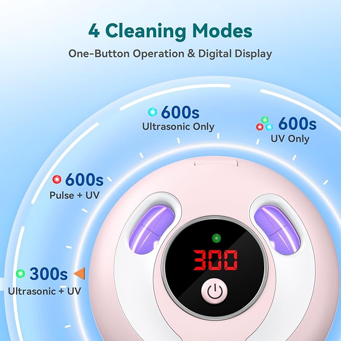 Dental Ultrasonic Retainer Cleaner Machine: 45kHz Dental Cleaning Pod for Denture, Mouth Guard, Night Guard, Aligner, Braces, Toothbrush Head & Jewelry, UV Cleaner with Digital Timer & 4 Modes, Pink