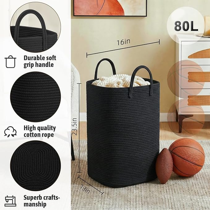Laundry Basket,Woven Cotton Rope Laundry Hamper,80L Versatile Storage for Dirty Clothes,Baby Toys,and Blankets in Bathroom, Nursery,and Living Room