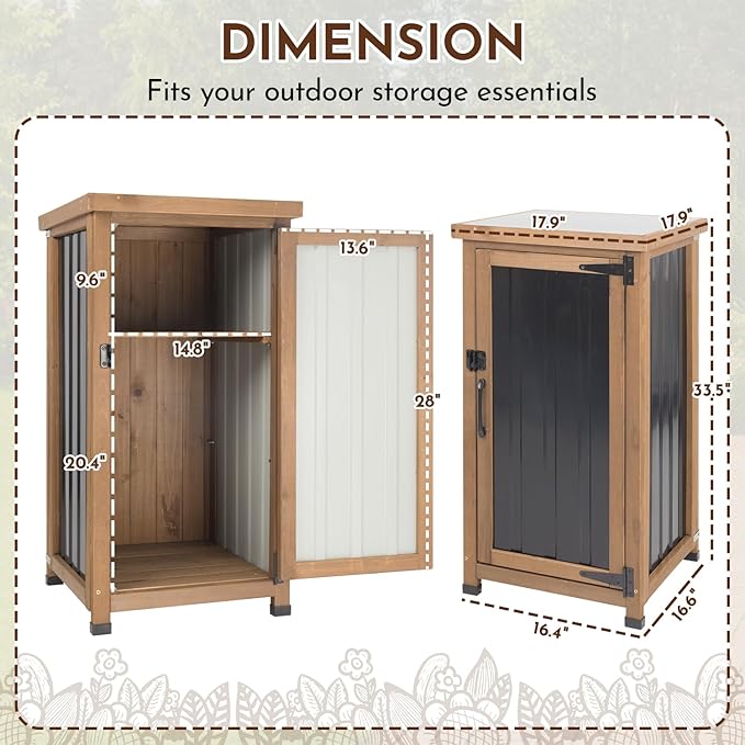 Outdoor Storage Cabinet with Metal Worktop, Fir Wood Frame & Adjustable Shelf, Weather-Resistant Garden Tool Organizer for Patio, Porch, Balcony, or Garage,18" L x 18" W x 33.5" H