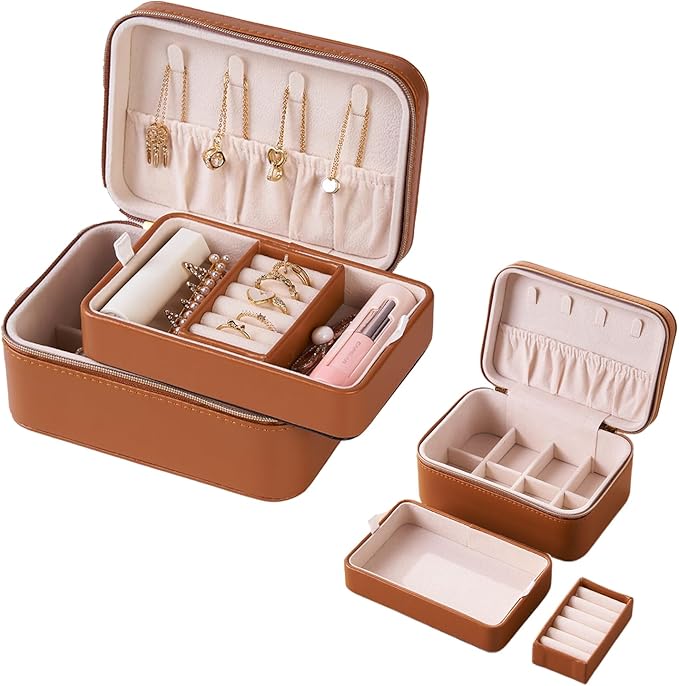 Brown Small Travel Jewelry Box,2 Layers PU Leather Travel Jewelry Box with Double Zippers, Portable Travel Jewelry Organizer for Necklace/Bracelet/Ring/Brooch