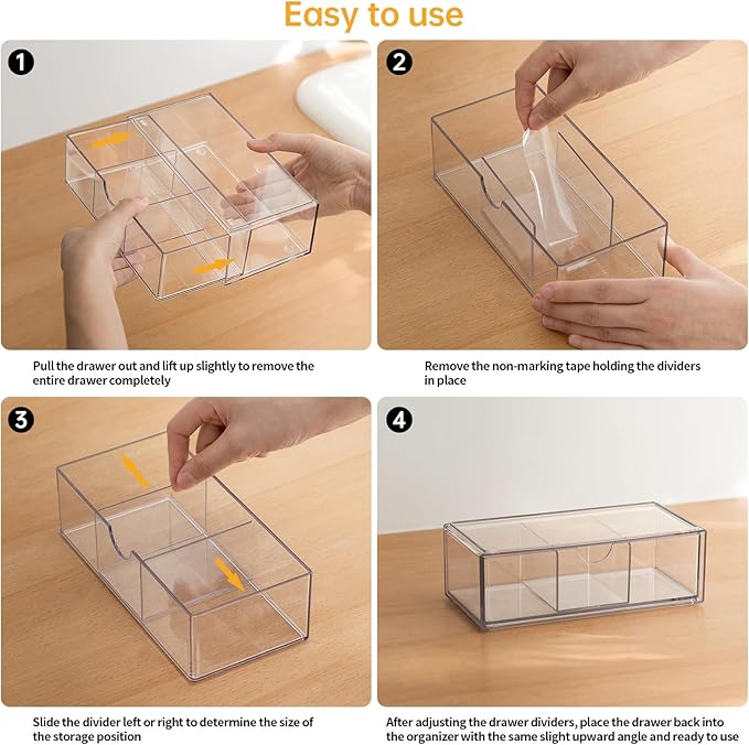 Medicine Cabinet Organizer 2 Pack, Stackable Storage Drawers with Removable Divider, Make Up Organizer for Bathroom Mirror Cabinets, Vanity, Closet, Countertop - Clear
