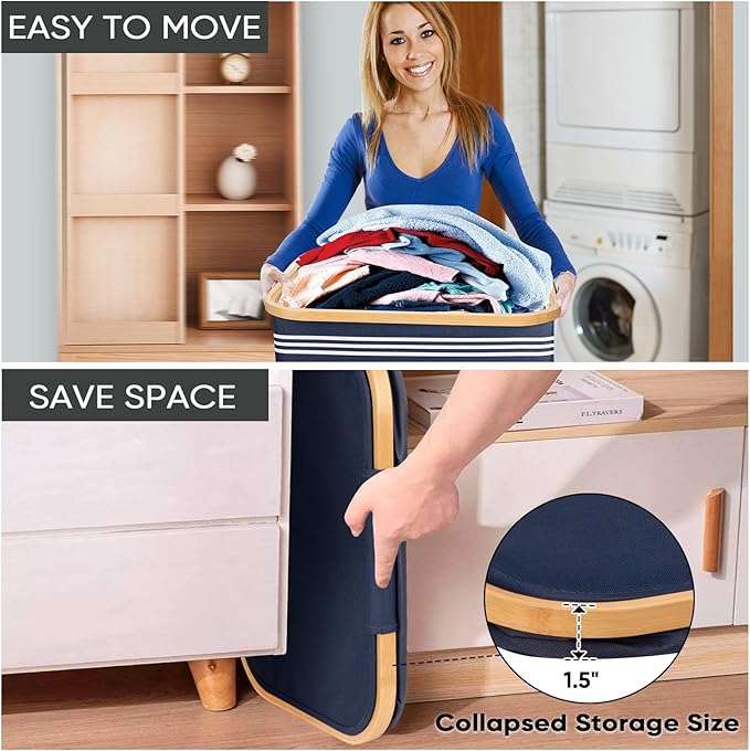 BALEINE Laundry Hamper with Lid, Tall Laundry Baskets with Bamboo Pull Handles, Large Laundry Bin with Internal Support (18 Gal/70L, Blue Pinstripe)