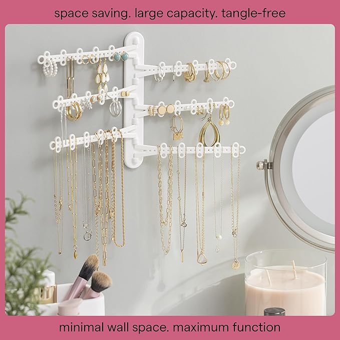 6-Tier 6" Wall Jewelry Organizer, Command Strips included for Easy Hanging, 120 Hole Earring Organizer, Necklace Organizer, Bracelet Holder, Ring Holder, Rotating Branches (White Small)