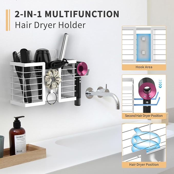 FUNKYLEE Bathroom Organizers and Storage, 3 in 1 Metal Wall Mount for Flat Iron, Curling Iron, Straightener, Hair Care & Styling Tools (White)