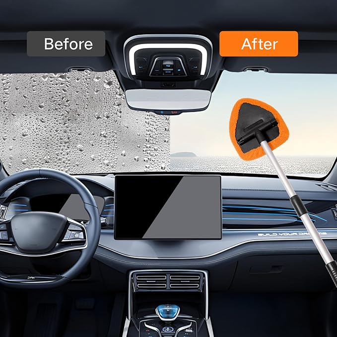 11pcs Windshield Cleaner Tool, Car Window Cleaning Wash Kit with 6 Reusable Microfiber Pads 2 Spray Bottles and Extendable Handles Auto Glass Wiper Kit, Orange