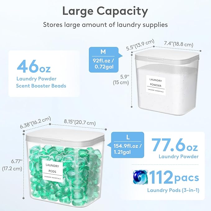 Lifewit 2 Pcs Laundry Pods Container with Pop-up Lid, Dryer Sheet Holder, Laundry Room Organization Storage Jars for Washing Powder, Soap, Scent Booster Beads, 2700 +4500ml/0.72+1.2gal