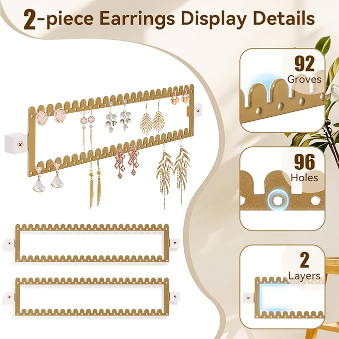 2 Tier Earring Holder Organizer Wall Mounted,2PCS Metal Earring Display Storage with 96 Holes and 92 Grooves Hanging Jewelry Organizer Tree for Stud/Hoop/Dangle Earrings Necklace（Gold）