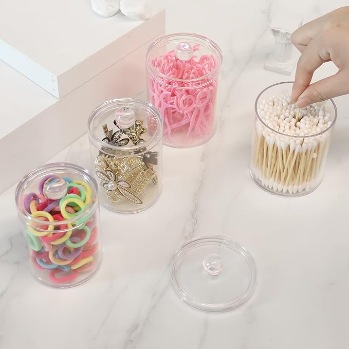 3 Pack Plastic Cotton Swab Ball Pad Holder,Acrylic Qtip Holder,Bathroom Canisters Apothecary Jar Set, 10 oz