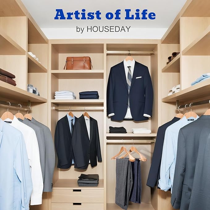 HOUSE DAY Wood Suit Hangers for Men, Smooth Wide Shoulder Wooden Hanger with Non Slip Pant Holder, Wide Hangers for Suits, Coats, Jackets, Heavy Wide Clothes Hanger 2 Pack, Natural
