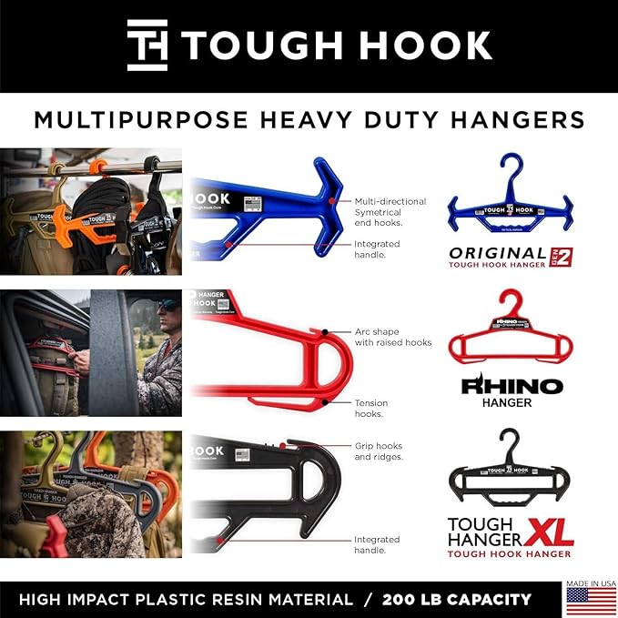 Tough Hook Original ID MAX Heavy Duty Hanger - USA-Made 200lb Capacity - Police Tactical Gear & Scuba BCD Hanger with Anti-Slip Design - Wetsuit & Body Armor Organizer with 3 ID Strips,1 Pack Foliage