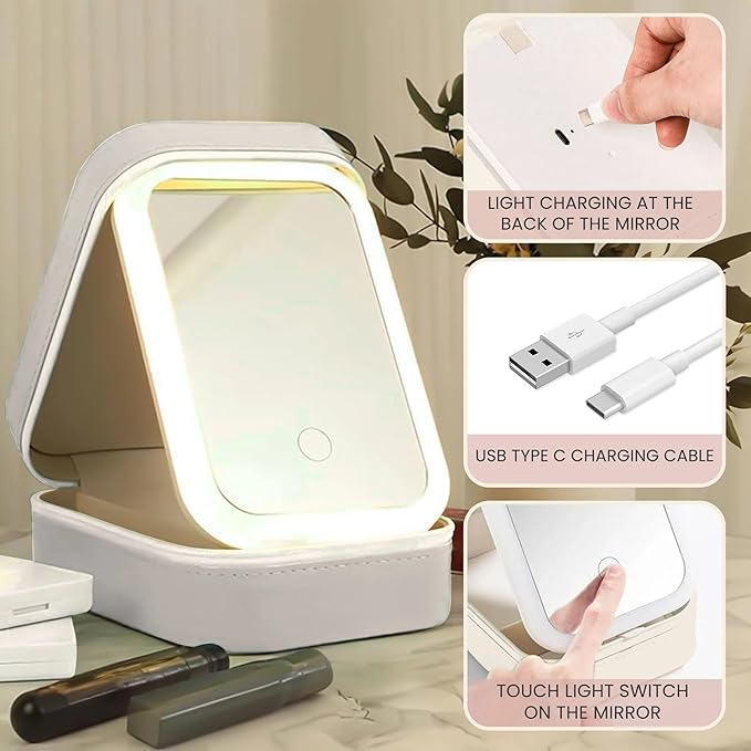 Personalized Woman Jewelry Box with LED Mirror, Customized Cute Cartoon Girl Leather Jewelry Box, Birth Month Flower Mirror Jewelry Organizer for Women Friend, Friendship Keepsake Gifts, Bestie Gift