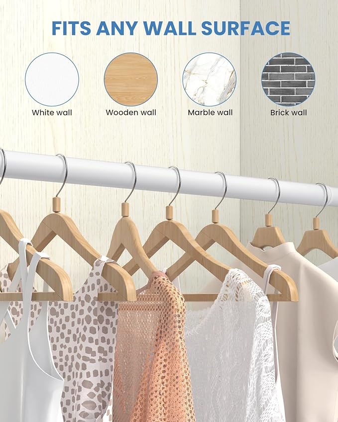 Closet Rods for Hanging Clothes, 17 to 69 Inches Stepless Adjustable Metal Closet Rod, 1.3 Inches Heavy Duty Clothes Hanging Rod for Closet Wardrobes Laundry RV, White