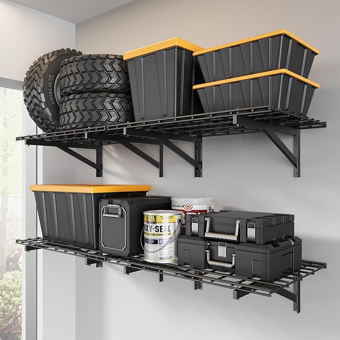 4 Pack Heavy Duty Garage Wall Shelving Set (2x3ft), Wall Mounted Garage Shelves 1400lbs Capacity, 24"x72" Shelf Storage Rack Floating Shelves, Black