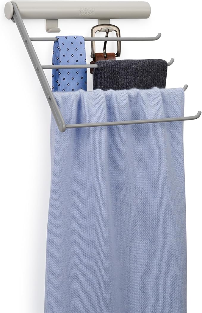Joseph Joseph Orderly Belt, Tie & Scarf Hanging Rail, Closet Wardrobe Accessory Organizer, 4 Rails Rack Storage, 2 Belt Hooks