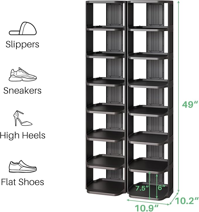 Kitstorack Stackable 16-Tier Shoe Rack for Closet & Entrance - Tall, Narrow, Vertical Shoe Stand - Plastic, Free Standing - Ideal for Small Spaces