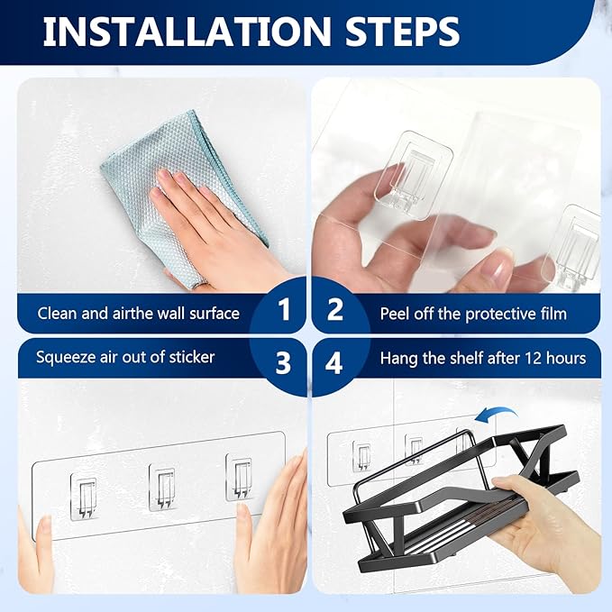 Shower Caddy Adhesive Replacement Hooks, Strong Waterproof Strips, No Drilling for Bathroom Shelves, Kitchen Racks, and Soap Holders (Transparent-4 Pack 3 Hook)