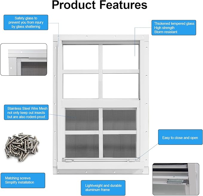 NeatiEase Upgraded Shed Windows 2 Pack, 28" x 28" Windows with Tempered Glass and Stainless Steel Screen for Shed, Chicken Coop, Playhouse, Household, Garage(White)