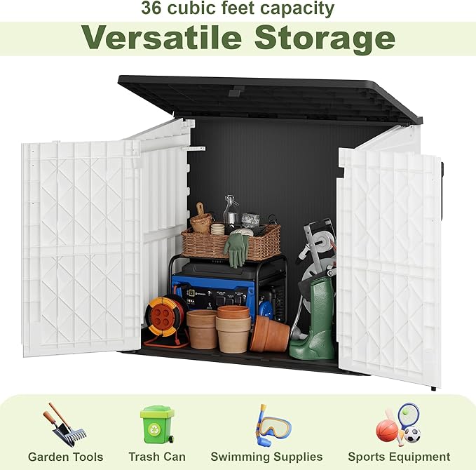 36 Cu Ft Resin Outdoor Storage Shed, Weatherproof Horizontal Outdoor Storage Cabinet with Dual Lock Door for Backyard, Patio, Garage, Garden(White)