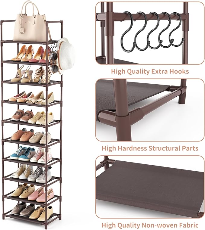 10 Tiers Tall Shoe Rack 20-25 Pairs Boots Organizer Storage Sturdy Narrow Shoe Shelf for Entryway, Closets with Hooks, Brown