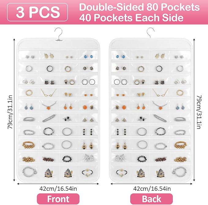 Hanging Jewelry Organizer for Closet with Swiveling Hanger, 17 x 30 In, 80 Clear Pockets Jewelry Organizer Hanging for Jewelries, Earrings, Accessories (Beige) (3, White)