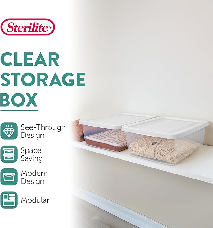 Sterilite 36 Pack Storage Box, 12 Quart Stackable Tote, Clear Plastic Container with Secure Snapping Lids for Home and Office Organization, White