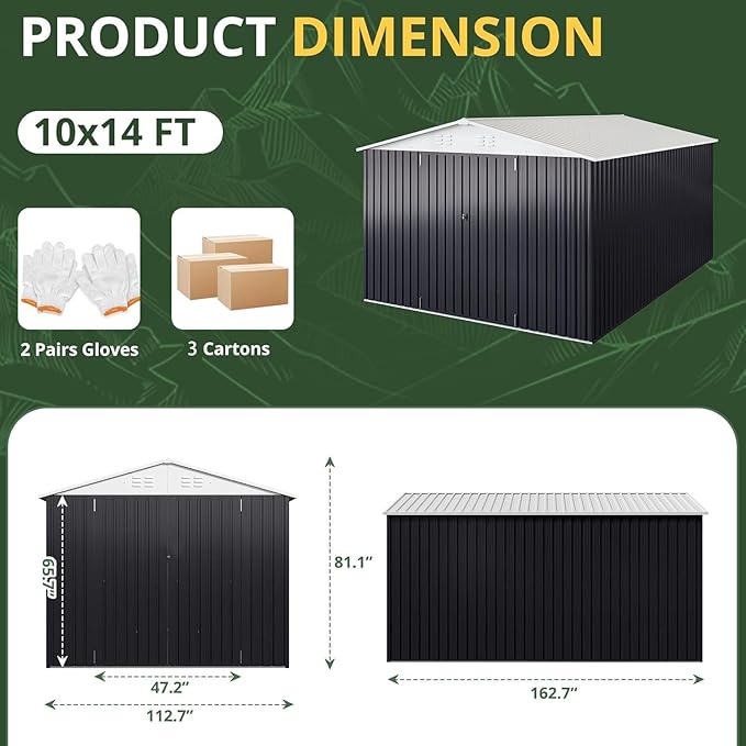 10x14 FT Outdoor Storage Shed, Garden Shed with Updated Frame Structure and Lockable Doors, Metal Tool Sheds for Backyard Garden Patio Lawn, White