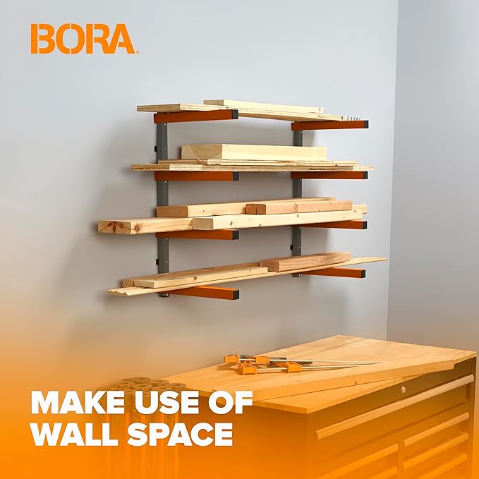 BORA Wood Storage Rack Wall Mount - Heavy Duty Lumber Storage Rack System for Garage Organization - 4-Level Workshop Organizer for Lumber, Pipes & Tools - 440lb Capacity Orange & Grey PBR-0410