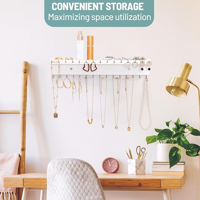 Necklace Holder Organizer Wall Mount,Jewelry Holder Organizer with 30 Hooks,Oak Jewelry Organizer and Storage for Necklaces,Bracelets and Rings (White)
