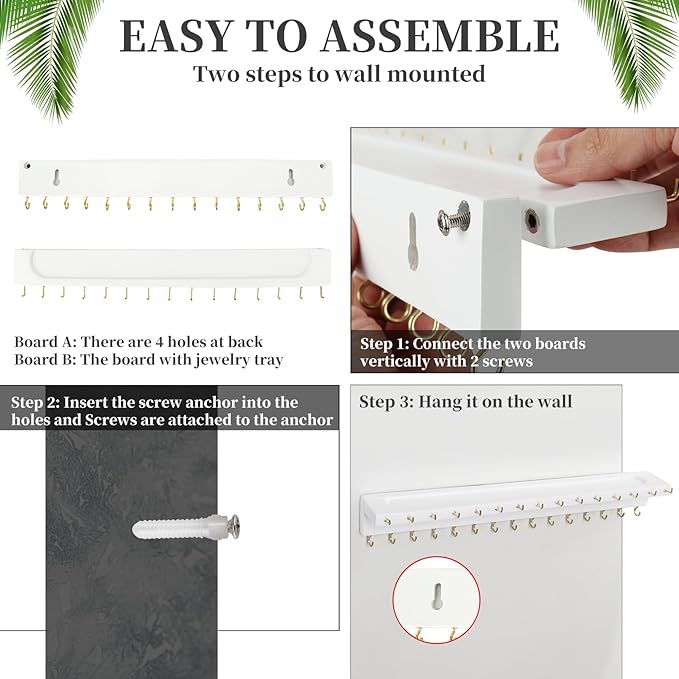 Necklace Holder, Upgraded Extra Large Wall Necklace Organizer with 30 Hooks Wall Mounted Necklace Hanger with Jewelry Tray/Cosmetics Shelf Rustic Pine Wood Holder (White)
