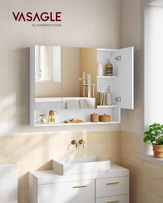 VASAGLE KAILYN Collection - Medicine Cabinet Mirror, Bathroom Wall Mirror Cabinet with Storage, Open Compartment, Adjustable Shelves, 6.5 x 35.4 x 29.5 Inches, Cloud White UBBK130W01