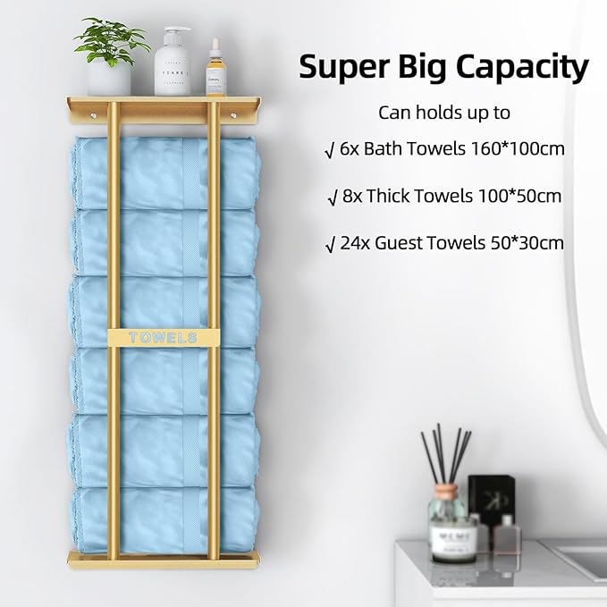 Bathroom Towel Storage Rack for Bathroom, 30 inch Towel Racks Wall Mounted with Shelf Can Holds 6 Large Towels, Wall Towel Rack for Rolled Towels, Gold