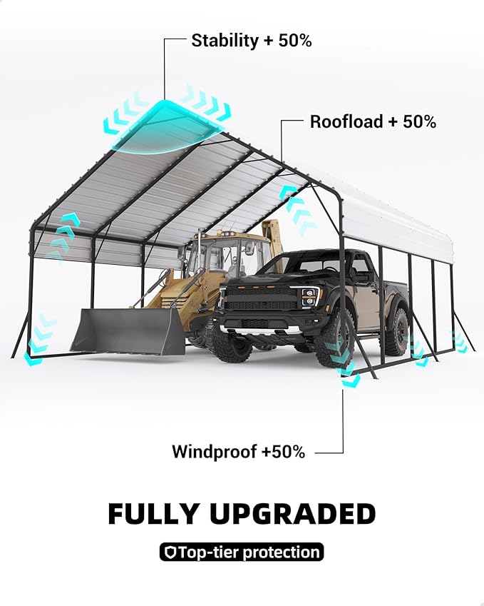 Garveelife 20 ft x20 ft x13 ft Metal Carport for 2 Cars, Heavy Duty Steel Frame for All Weather, Permanent Shelter for Boats, Full-Sized Pickup Trucks, and Tractors, N.W. 800 LBS