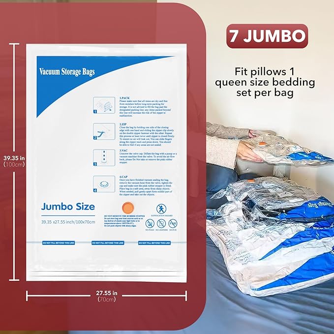 MEIQIHOME Vacuum Storage Bags, Space Saver Sealer Bags,Vacuum seal bags for clothing, Pillows, Comforters, Blankets, Bedding,7 Jumbo