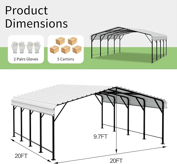 Shintenchi 20x20 FT Metal Carport, Oversized Carport Garage with Enhanced Base, Outdoor Galvanized Car Shelter, Heavy Duty Carports Canopy, for Car, Boats and Tractors, White