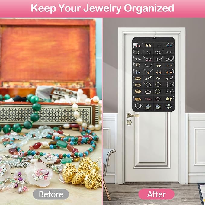 Hanging Jewelry Organizer for Closet with Swiveling Hanger, 17 x 30 In, 80 Clear Pockets Jewelry Organizer Hanging for Jewelries, Earrings, Accessories (Beige) (3, Black)