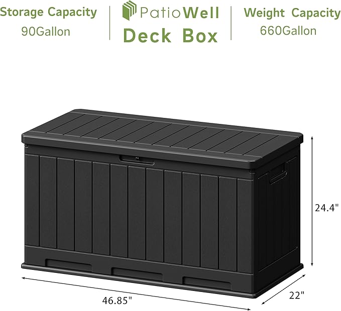 Patiowell 90 Gallon Resin Deck Box, Waterproof Large Outdoor Storage Box for Patio Furniture and Garden Tools (Black)