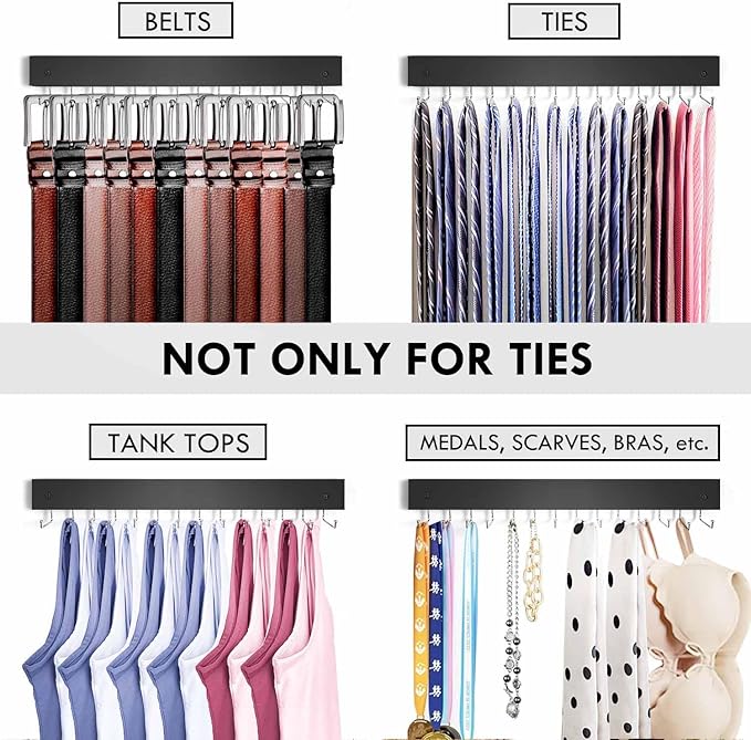2Pack Tie Rack Wall Mounted, Wooden Belt Hanger Tie Organizer for Men with 28 Folding Hooks, Space Saving Tie Holder and Belt Rack for Closet Wall Mount, Black