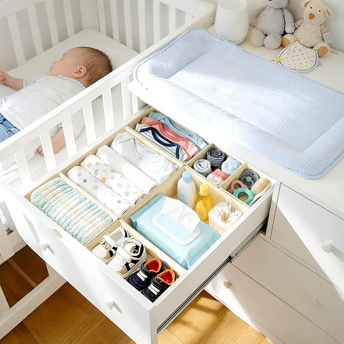 DIMJ Drawer Organizer Clothes 26 Pack - Foldable Baby Organizers and Storage & Closet Organizers for Bedroom, Closet - Nursery Organization Dresser Dividers for underwear, Sock,Bra, Belt, Tie, Beige