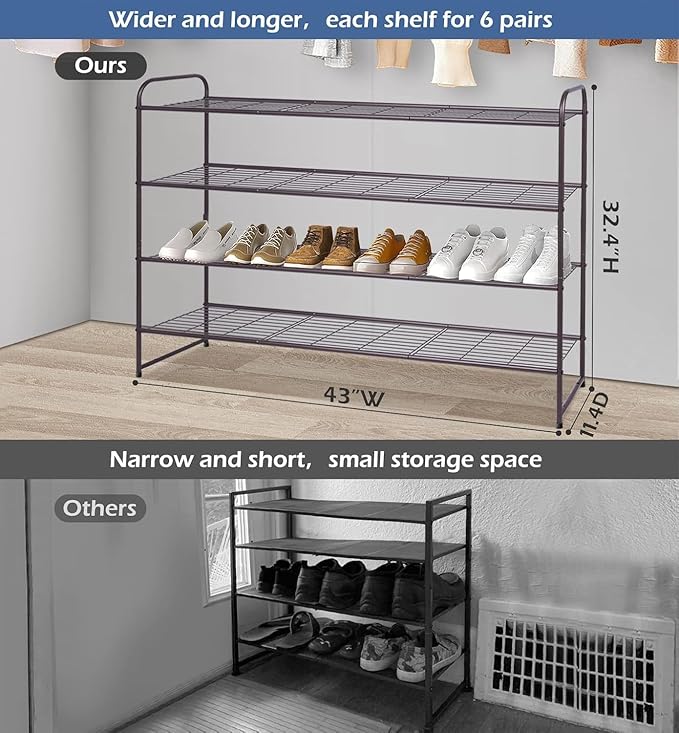 KEETDY 4-Tier Long Shoe Rack for Closet Metal Shoe Organizer for Entryway, Wide Stackable Shoe Storage Shelf with Sturdy Wire Grid for Closet Floor, Bedroom, Bronze