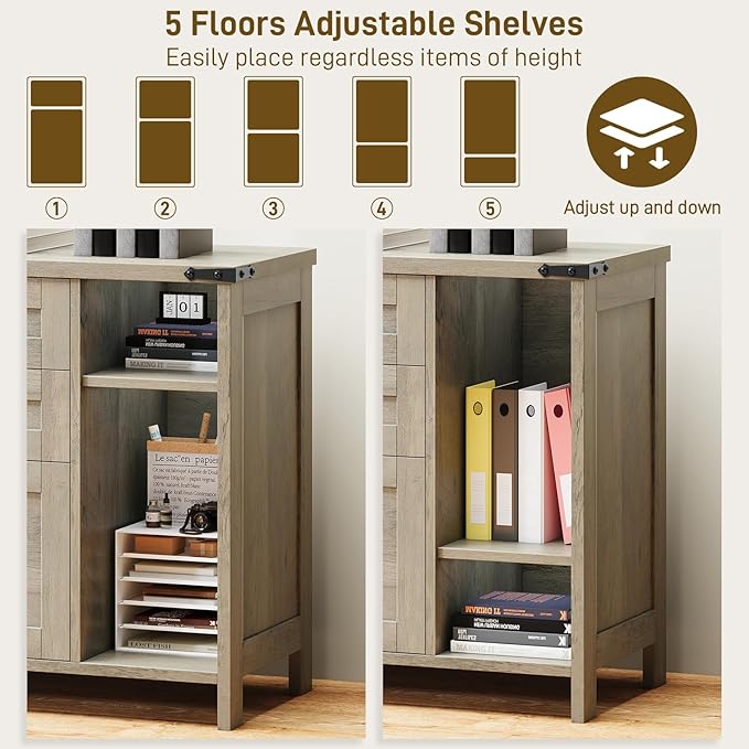 3 Drawer File Cabinet, Farmhouse Lateral Filing Cabinet Fits File Letter or A4 Size, Wooden Printer Stand with Open Storage Adjustable Shelf for Home Office, Grey