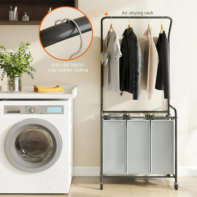 ROMOON Laundry Sorter Hamper with Hanging Bar, 3 Section Rolling Laundry Cart with Clothes Rack & Heavy-Duty Lockable Wheels, Divided Laundry Basket Organizer for Apartment & Small Spaces ((130L Grey)