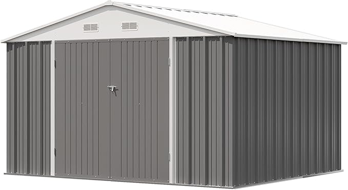 Patiowell 10x8 FT Storage Shed, Outdoor Metal Sheds with Lockable Door and Sloping Roof, Waterproof Outside Large Garden Tool Shed with Breathable Vents for Patio Lawn Backyard, Gray
