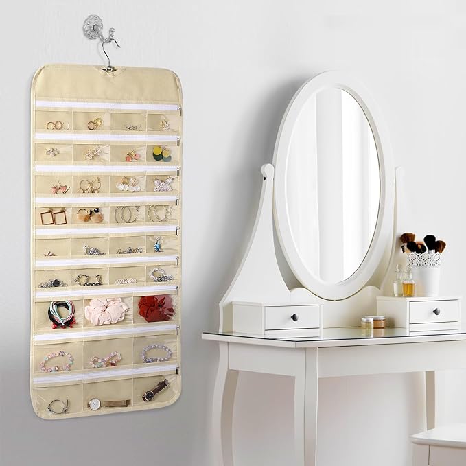 Cabilock Hanging Jewelry Organizer Wall Holder: Double Sided Zipper Earring storage Pocket with 66 Pockets Wall Closet Necklace Hanger for Earrings Bracelet Watch Ring