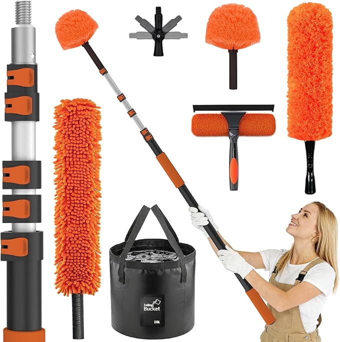 30FT High Reach Duster Cleaning Kit with Extension Pole, High Ceiling Fan Cleaner Duster Tool for Fan Blades, Window Washing Kit with Microfiber Feather Duster & Window Squeegee & Bucket