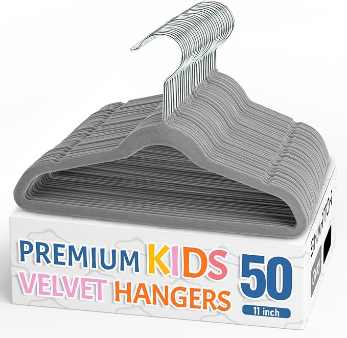 Smartor Premium 11 Inch Baby Hangers 50 Pack, Grey Kids Velvet Hanger, Non Slip, Space Saving Felt Hangers Clothes Organizers for Closet with 360° Swivel Hook for Children, Infant & Toddler