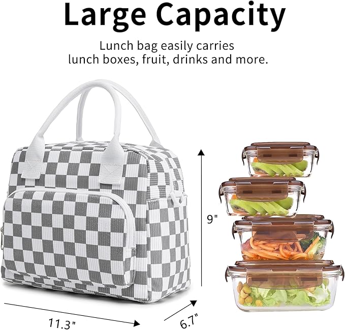 Lunch Bag Women Lunch Box for Women Adult Cute Insulated Lunch Bag Lager Cooler Lunch Tote Bags for Work Picnic (Beige-Gray Plaid)